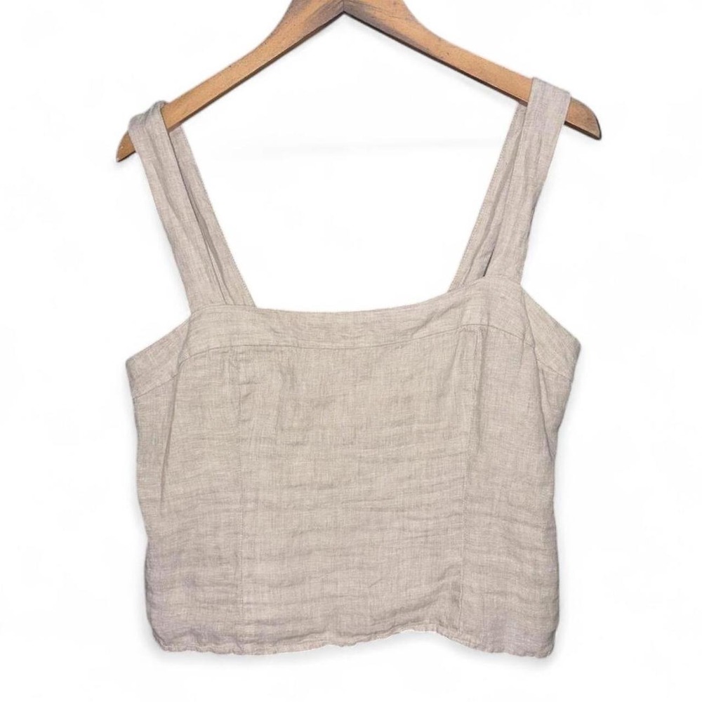 Quince Linen square neck smocked zip tank top fitted European oatmeal